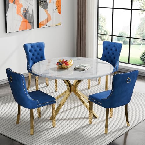 Image of 5-Piece Round Dining Table Set for 4, Luxury Faux Marble Kitchen Table Set for 4 with Blue Velvet Chairs, 45 inch Circle Dining Room Tables with White Marble Top and Gold Stainless Steel Cross Legs