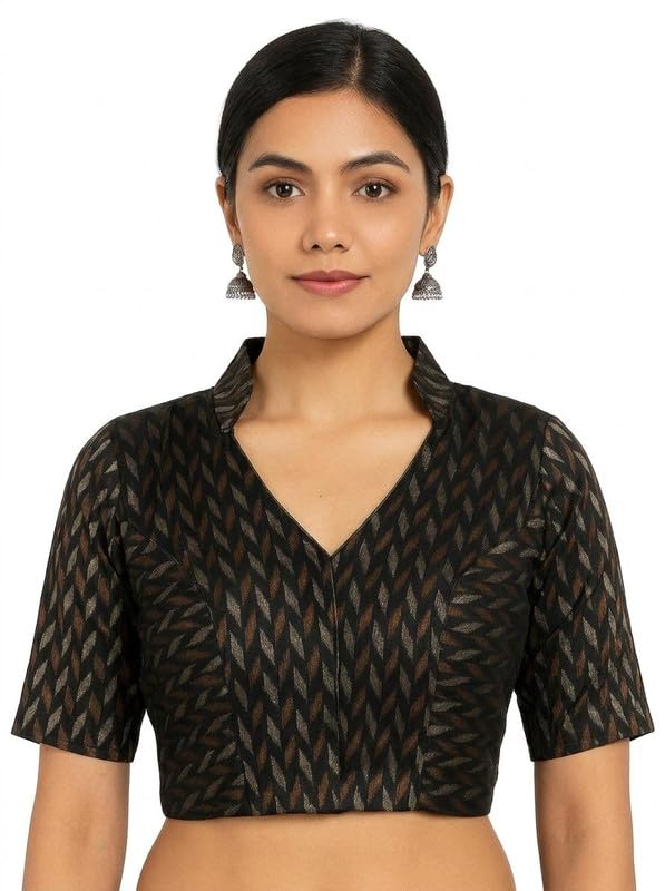 Black Ikkat Cotton Readymade Blouse for Women | Saree Blouse | Collared V-Neck, Short Sleeves | Front Hook Closure | Non-Padded | Ethnic Festive & Occasion Wear-image-19