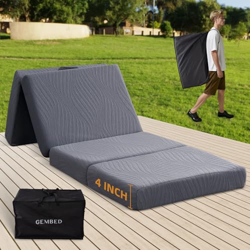 GEMBED Memory Foam Camping Mattress Pad, 4 Inch Thick Waterproof Foldable Sofa Bed Floor Mattress, Portable Sleeping Pad for Adult, Sleeping Mat for Travel RV Camping Guest Yoga, 75