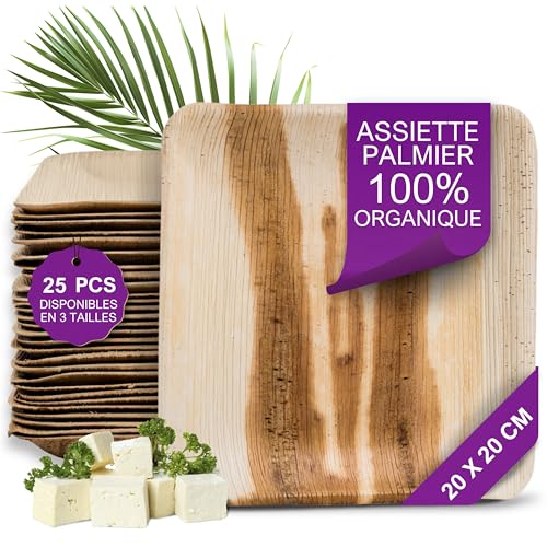 Waipur Assiette Jetable en Feuille de Palmier - 25 pcs. Carrées 20x20 cm - Vaisselle Naturelle et...