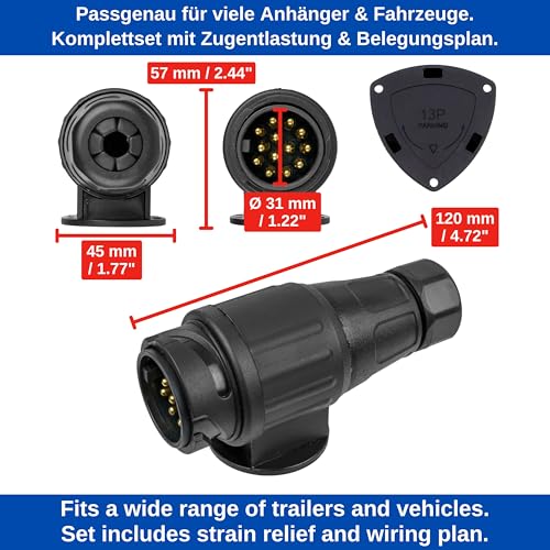 13 poliger Anhänger Stecker, Set mit Parking Cover, 13 pol Stecker nach ISO 11446 genormt, AHK Verbinder für 12 V Systeme, 13 Pin Hängerstecker, 13pol Stecker für 13 pol Steckdose, 7-13pin Adapter