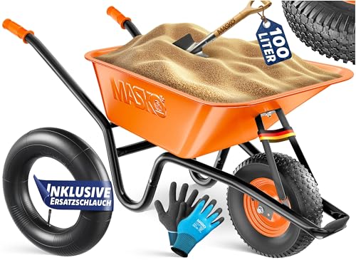 MASKO® Carretilla de Jardín y Construcción | 100 litros 250kg Neumáticos de Aire con Borde de Acero + Tubo de Repuesto para Carretilla | Bastidor de Acero Galvanizado Carro de Jardín, Naranja