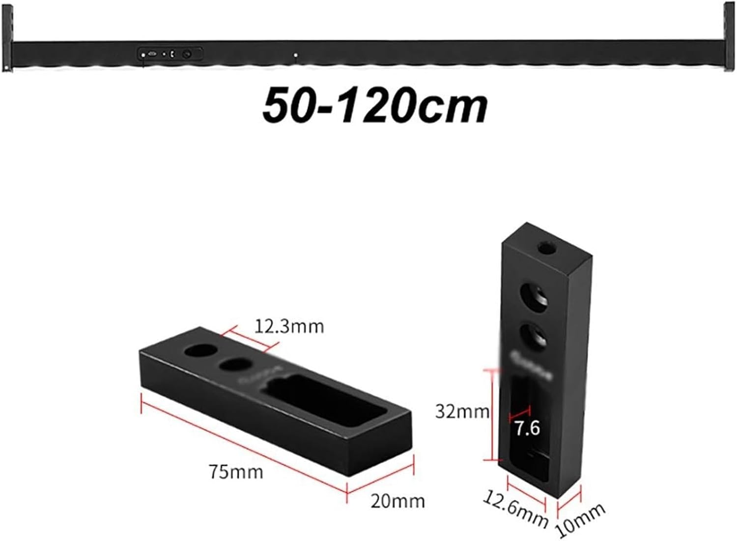 Metal Closet Rod Black with 2 Base, 2-in-1 Clothes Rail - 40-120cm Clothes Rail with Light, Wardrobe Rail with LED Light Built-in Lithium Battery Human Sensor, Load 50 Kg(500mm)