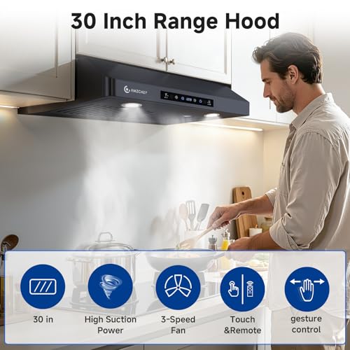 Image of AMZCHEF 30 inch Under-Cabinet Range Hood, 750 CFM Black Kitchen Vent | Stainless Steel hood with Touch /Remote /Gesture Control, timer, LED lights & dishwasher-safe baffle filters 3 outlets