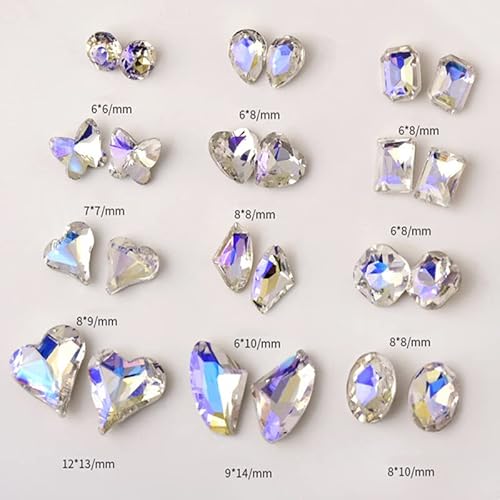48 Pcs Big Mix Sizes Different Shape Nail Rhinestones 12 Styles 3D Glass Crystals Diamonds Love Distorts Heart Super Shiny Charms Gems Stones Diy Nail Art Decoration Craft Jewelry (Moonlight) #TOP2