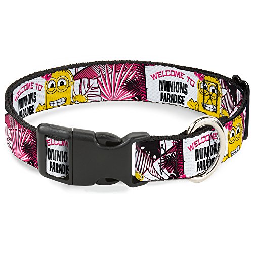 Buckle-Down Tiki Minion Pose Wellcome to Minions Paradise/Floral Blanco/Negro/Rosa/Amarillo Breakaway Cat Collar, 1/2' x 8-12'/Medium