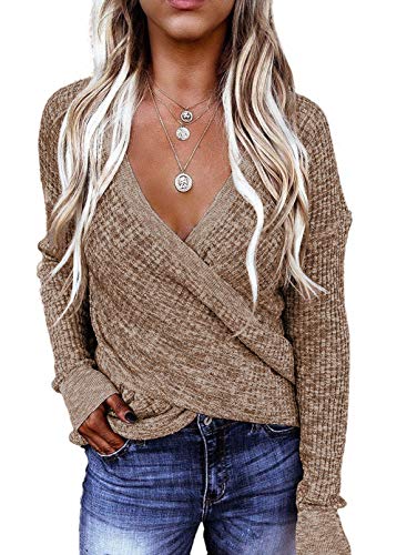 Dokotoo Women Sweaters Winter Fall Cute Loose Fitted Deep V Neck Wrap Chunky Cable Knitted Fuzzy Pullover Sweaters Womens Long Sleeve Jumper Tops Soft Comfy Khaki Small