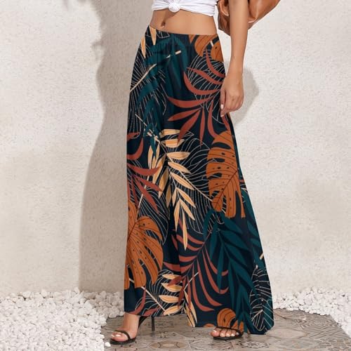 Womens Pants Elastic High Waist Watercolor Tropical Leaf Palazzo Pants Casual Wide Leg Lounge Pants for Women3