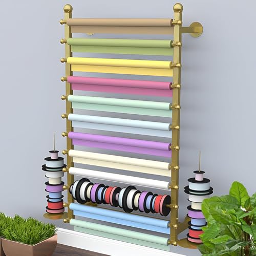 KK-GAL Professional Wrapping Paper Display Stand, Boutiques Trim Ribbon Roll Storage Rack, Wall Mounted Leather Organizer Holder, 12 Adjustable Bars, Flower Market Bouquet Packaging Rack,Gold 100cm