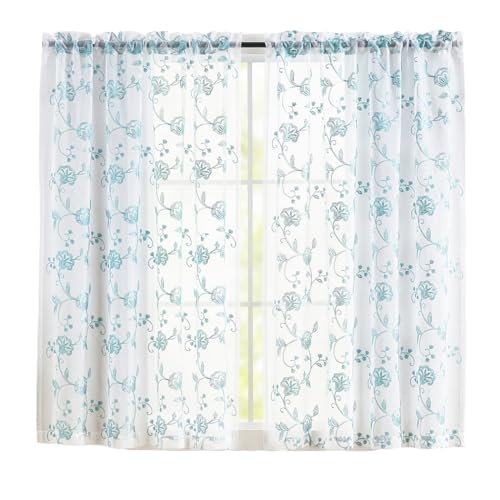 Image of Sheer Curtains Blue 45 Inches Long Floral Embroidery Rod Pocket Voile Drapes for Living room, Bedroom, Window Treatments Semi Lace Outdoor Curtain Panels for Yard, Kitchen, Villa, Set of 2, 52 inchx 45 inch.