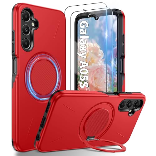 Gritup für Samsung Galaxy A05s 4G Handyhülle: 2 Stück HD-Bildschirmschutzfolien, TPU+PC Militärschutz Hybrid Schutzhülle mit 360° Metall Ring Halter Ständer Stoßfest Hülle Cover Galaxy A o5 s-Rot