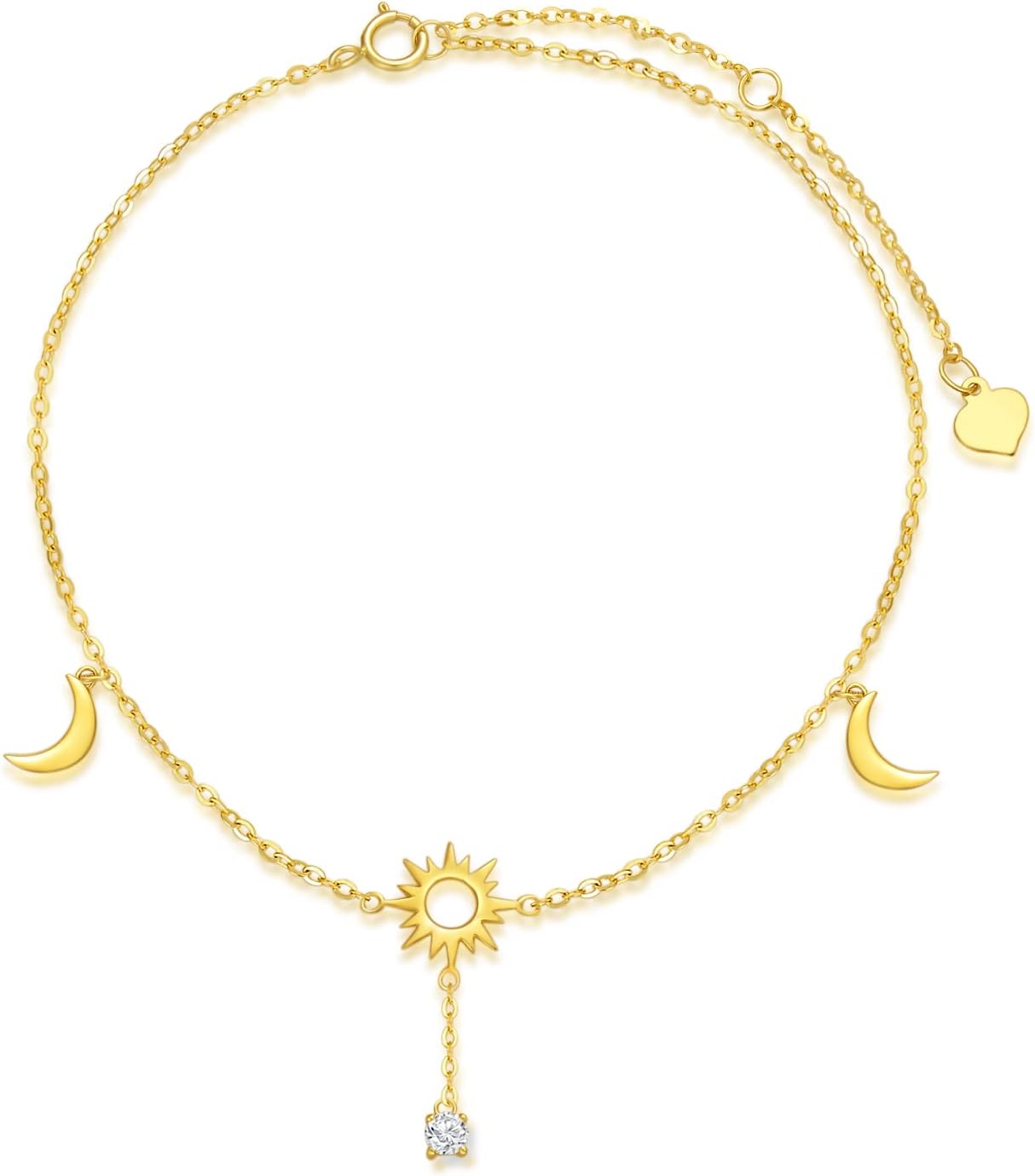 SISGEM 14K Yellow Gold Sun Moon Anklets for Women,Solid Gold Moon Sun Ankle Bracelet Foot Anklet Jewelry Gifts for Birthday Christmas 8+1+1 inch