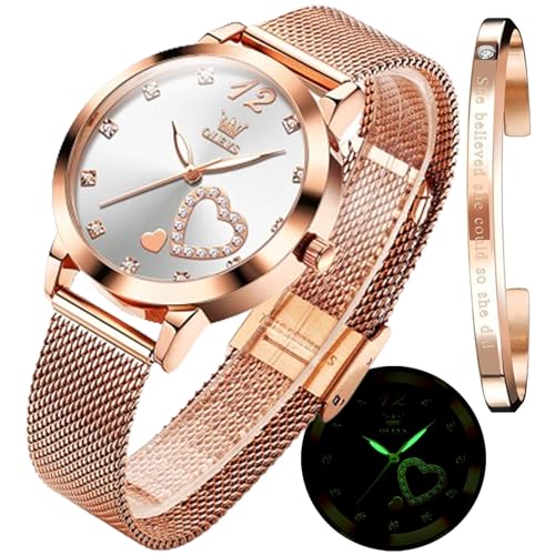 OLEVS Femmes Montres Coffret Cadeau avec Bracelet Or Rose Dames Minimaliste Simple léger Casual analogique Montre à Quartz imperméable à l'eau Deux Couleurs