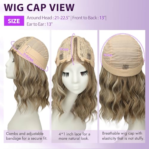 Image of Eawwii Ash Blonde Mix Platinum Short Wavy Wig for Women Lace Hairline Bob Style Synthetic Heat Resistant - Natural Appearance for Everyday Hairstyle 14 Inch