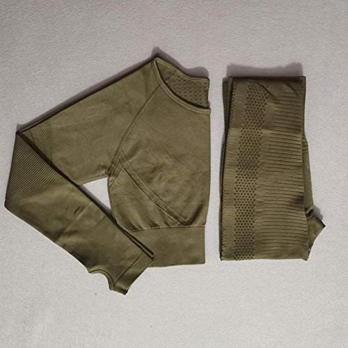 PKJP Seamless Yoga Set Sport Suit Workout Clothes for Women Long Sleeve Gym Crop Top High Waist Leggings Fitness Set,Army Green Set,L