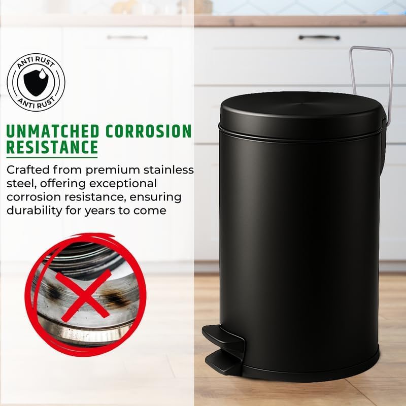 Image of Mumma's LIFE Dustbin for Kitchen with Lid | Black Stainless Steel Pedal Trash Cans | Small Dustbins for Home, Bathroom, Bedroom & Toilet (22Litre)