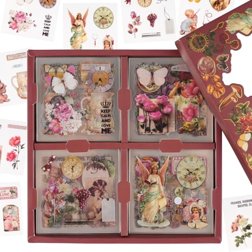 Maxmoc Vintage Scrapbook Dekorationsaufkleber, 510 Stück/100 Blatt Sticker Set, PET Selbstklebend, Bullet Journal Zubehör für DIY Scrapbook Fotoalbum Journal