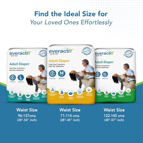 Image of Everactiv Adult Diaper Medium Size M Leakproof for Waist 28-45 inch with 10 hr Absorption Protection and Wetness Indicator, Unisex with Goodness of Aloe Vera, 90 Units, Pack of 9