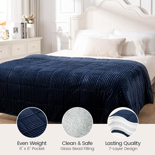 Image of Sherpa Fleece Weighted Blanket with Ribbed Stripes for Adults, 17 lbs Dual Sided Cozy Warm Blanket for Couch Full Size Bed, Glass Beads Heavy Thick Blankets Great for Sleep, Navy Blue, 60 inch x 80 inch