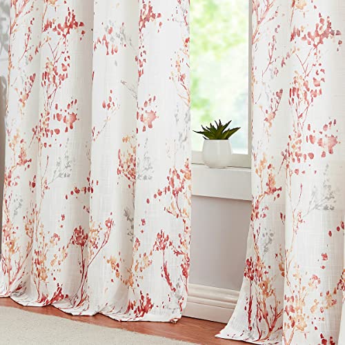 Image of Treatmentex White Semi Sheers Curtains with Red Orange Tree Branch Print Pattern Window Curtains for Living-Room 84 inch Grommet Top Privacy Curtain Drapes Watercolor Design Curtain Panels 2 pcs