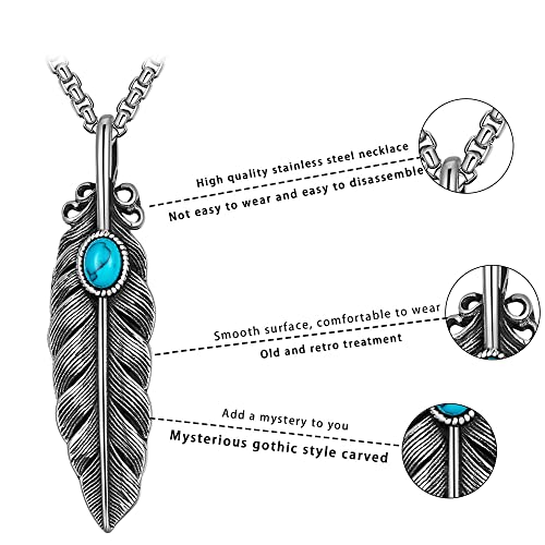Mens Turquoise Feather Necklace Titanium Steel Vintage Silver Simple Punk Gothic Emo Fashion Hippie Long Leaf Pendant Necklace Jewelry Gift for3