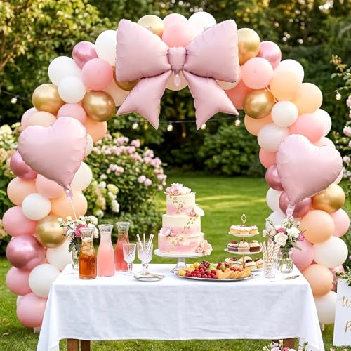 Image of 12 Pcs 18 Inch Heart Balloons and 38 Inch Bow Balloons, Large Foil Bow Heart Balloon Bow Party Decorations for Birthday Baby Shower Valentines Wedding Party