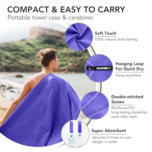Image of 4Monster Quick Dry Travel Towel with Case & Carabiner - Super Absorbent Microfiber Gym & Camping Towel. Compact, Lightweight, Fast Drying for Beach, Swimming, Hiking, Backpacking