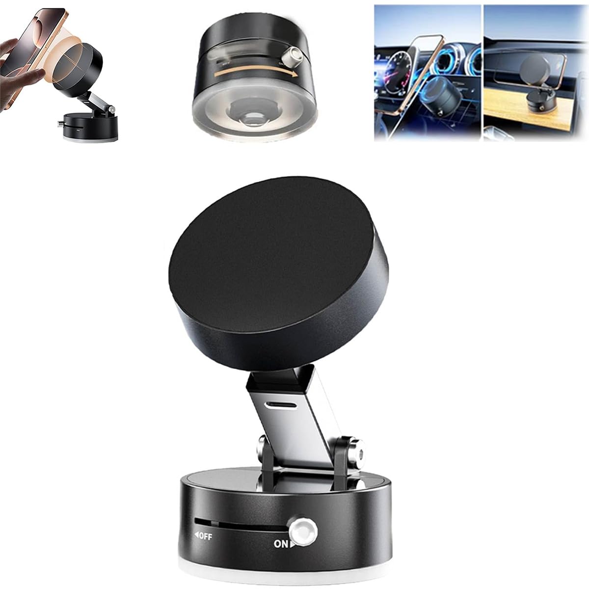 Oudvaker Soporte magnético plegable para teléfono al vacío, soporte de succión eléctrica de 360°, soporte giratorio de doble cara para coche, espejo, gimnasio, cocina, soporte portátil manos libres