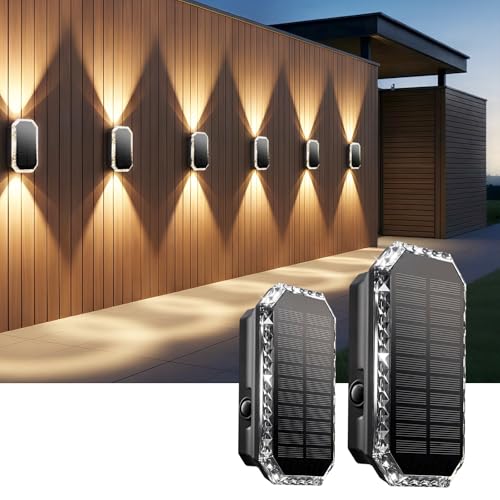 SUNNMO Aplique Solar Exterior Pared, 2 Piezas Luces Solares Exterior Arriba y Abajo, Lamparas Solares 3 Colores Luz Calida Blanca, IP65 Impermeable Luz Solar Pared Patio Jardin Muro, 3000K/4000K/6500K