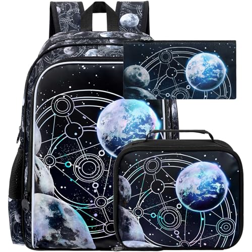 Image of gxtvo 3PCS Boys Planet Bookbag, 17 inch Kids Bookbag with Lunch Box, Water Resistant Middle Elementary Preschool School Bag