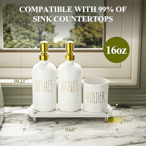 Image of Cisily Kitchen Soap Dispenser Set Comes with Ceramics Sponge Holder, Gold Pumps, and Instant Dry Tray, Hand and Dish Soap Dispenser Set (4, Gold + White + Brush Holder)