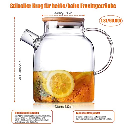 Foto von Teekanne mit Siebeinsatz,1800ML Teekanne Glas mit Holzdeckel,Hitzebeständige Hochborosilikat-Teekanne mit herausnehmbarem Filter,Modernes und elegantes Teekannendesign für Tee, Blumentee und Saft