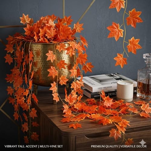 Image of SAUDEEP INDIA Artificial Red Maple Leaf Garland Vine | 7.2 Feet Hanging Bel Creeper with Realistic Fall Leaves | Fake Ivy for Home Decor, Balcony, Garden, Wedding & Festival Decoration (12 Vines)