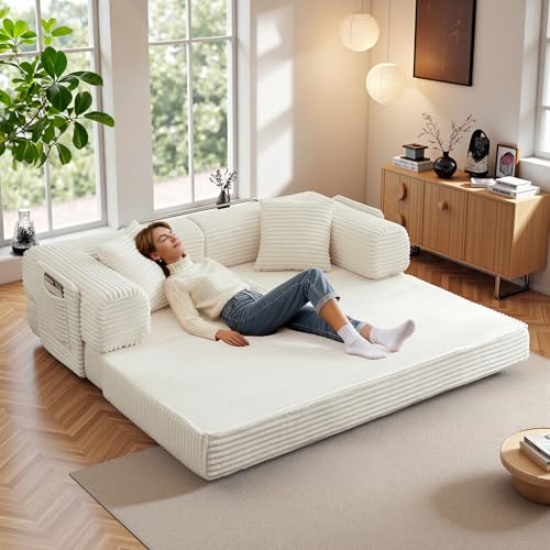 Image of Boneless Couch Futon Sofa Bed Sectional Couches for Living Room,Cloud Couch with Sleeper Sofa,Sofas for Living Room Oversized Corduroy Upholstered (White, 81 Inches (with Iron Frame))