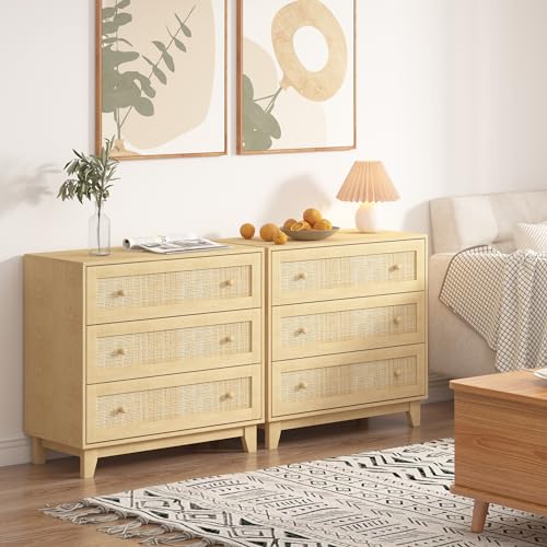 Xixini 3 Drawer Dresser for Bedroom, Boho Small Natural Rattan Closet Dressers Chest of Drawers, Modern Wood Clothes Storage Organizer with Wooden Feet and Handles for Hallway, Living Room, Entryway - Image 3