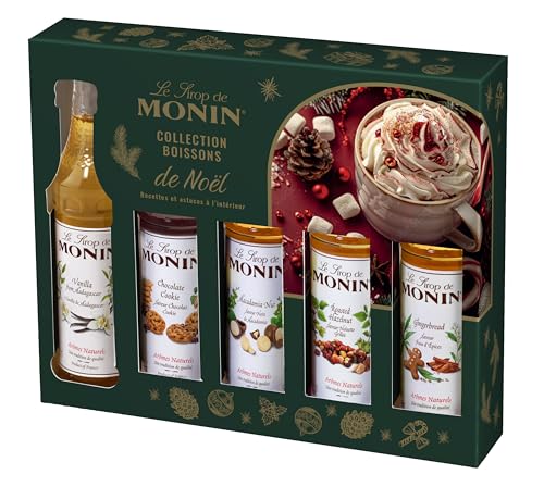 MONIN - Coffret de Noël pour Boissons Chaudes - Noisette Grillée, Pain d'Epices, Chocolat Cookie, Vanille et Noix de Macadamia - 5x5cl