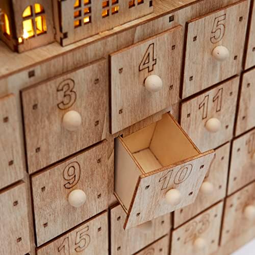 Celebright Pre-Lit Wooden Village Scene Advent Calendar with LED Atmosphere Lights - 24 Storage Drawers to Fill with Gifts or Treats - Battery Operated & Freestanding