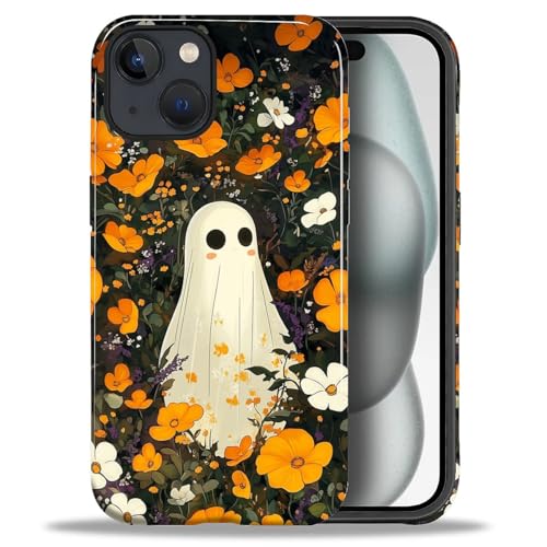 ZHEGAILIAN Case for iPhone 15,Shockproof Hard Shell + Soft Silicone 2 in 1 Hybrid,Shockproof Bumper Drop Protective - Cute Ghost Wildflowers