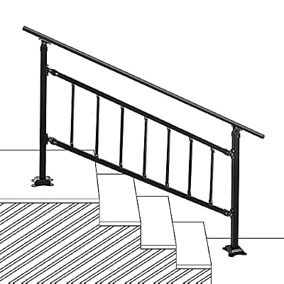 Outdoor Stair Railing Fit for 1-5 Steps with Fence Transitional Handrails for Outdoor Steps Wrought Iron Handrail Adjustable Step Handrail with Installation Kit, Matte Black