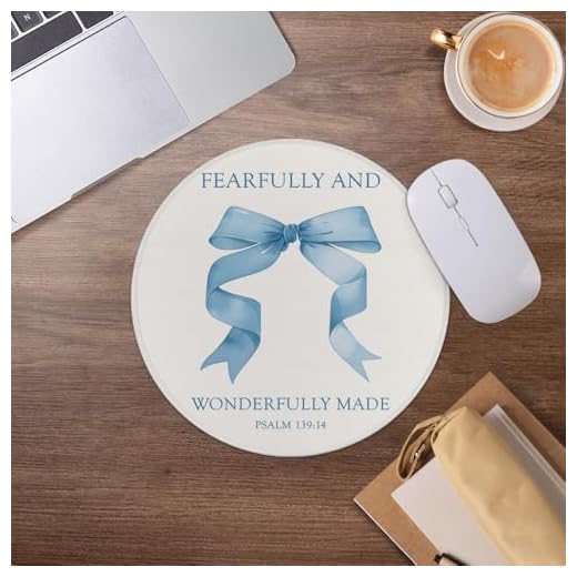 Coquette Blue Bow Mouse Pad,Trendy Christian Bible Verse Mousepad for Desk Home Office Dorm Computers Laptop Accessories,7.9x7.9 Inch,Psalm 139:14