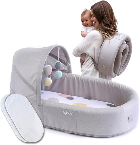 Lulyboo Cama portátil de viaje para bebé, para interiores y exteriores, mochila ajustable, impermeable, ligera, incluye cambiadores, juguetes de