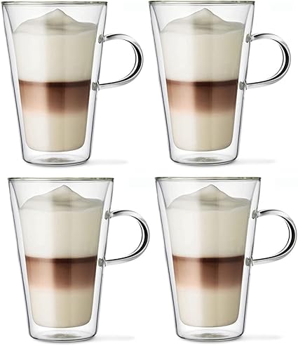 Amazon Co Jp ダブルウォール グラス コーヒーカップ 二重構造 耐熱 カップ おしゃれ 保温 保冷 アイスコーヒー ホットワイン お酒 お茶 グラス 400ml 取っ手付 4個セット ホーム キッチン