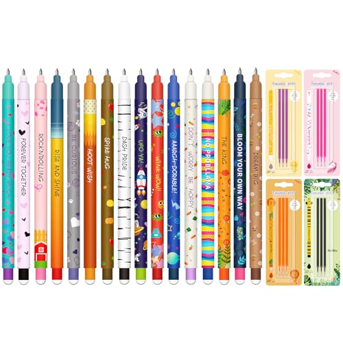 Conjunto de 14 borrachas de apagar de gel de quinta 12 recargas pretas, com tinta de apagamento termossensível, vários motivos de animais Kawaii, multicolorido sensível à temperatura, ponta de 0,7 mm