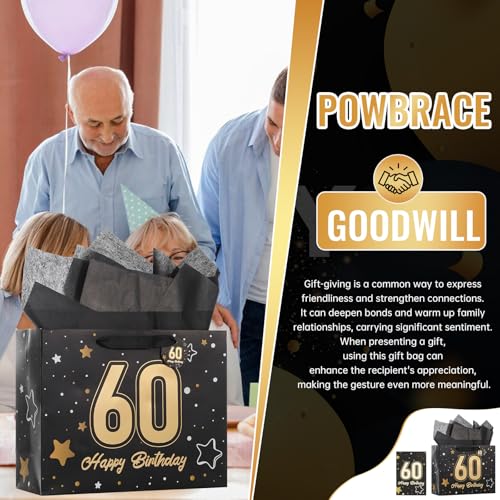 Image of Powbrace 13 inch Black 60th Birthday Gift Bag with Tissue Paper and Greeting Card for Party,Happy Birthday Gift Bag for Men Women,Gift Bags Medium size(1 Black 60th)