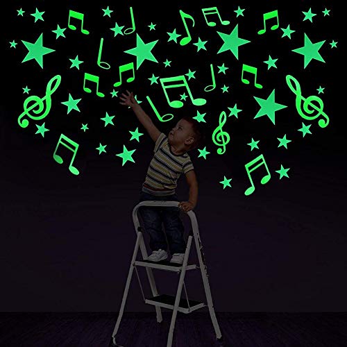 Luminoso Pegatinas de Pared Estrellas, BETOY 54pcs Pegatinas Fluorescente Decoración de Pared Estrellas Luminoso Pegatinas para Dormitorio de Niños, Símbolo Musical y Estrellas