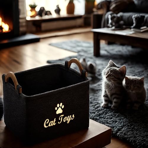 TSQZE Haustier Spielzeug Organizer Box, Katzenspielzeug Boxen Mit Griffen, Welpen Sachen Korb Filz Aufbewahrungsbox, Organizer Für Die Organisation Von Haustierspielzeug, Decken, Leinen (Katzen)