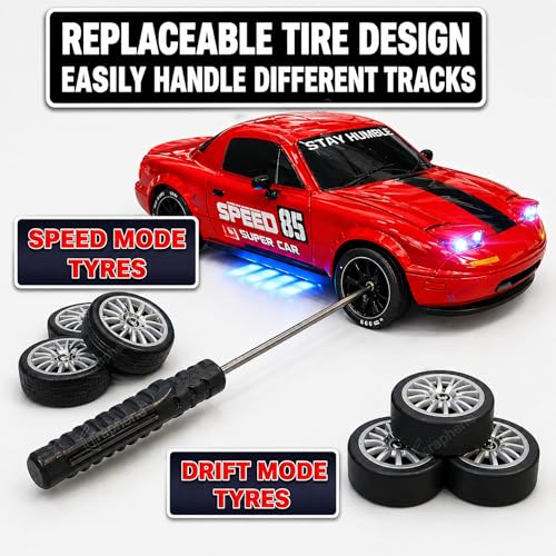 Image of GRAPHENE 1:24 4WD Remote Control Drift Car for Boys RC Stunt Car LED Pop up Lights Smoke Effect 2.4GHz High-Speed Racing Spray Rechargeable Toy Car for Kids Drift Tires Road Blocks Age 3+Years (Red)