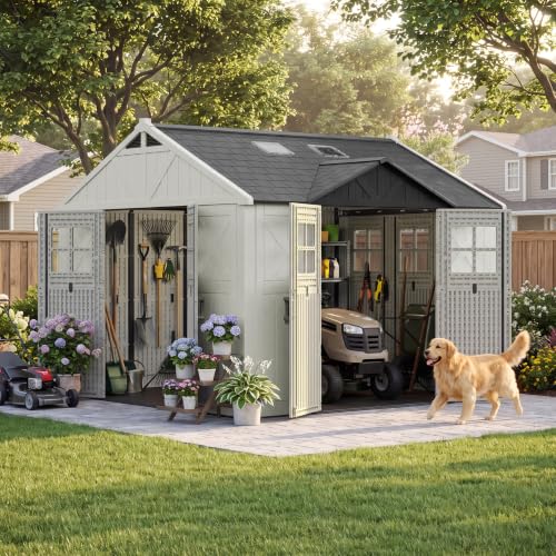 Image of Greesum 10x10FT Resin Outdoor Storage Shed with Three-Sided Doors, Beige