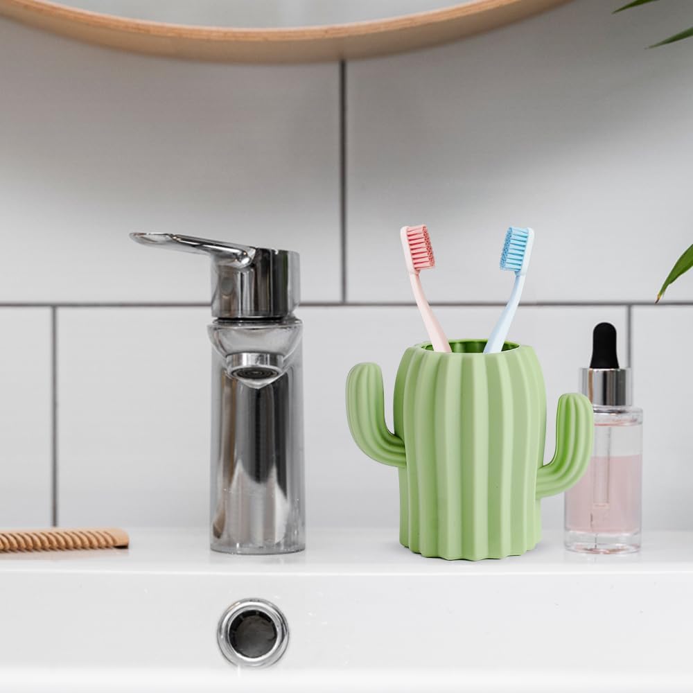 Silicone Kids Cactus Cute and Funny Toothbrush Holder for Bathroom Decor Countertop Organizer, Unbreakable (1, Green)