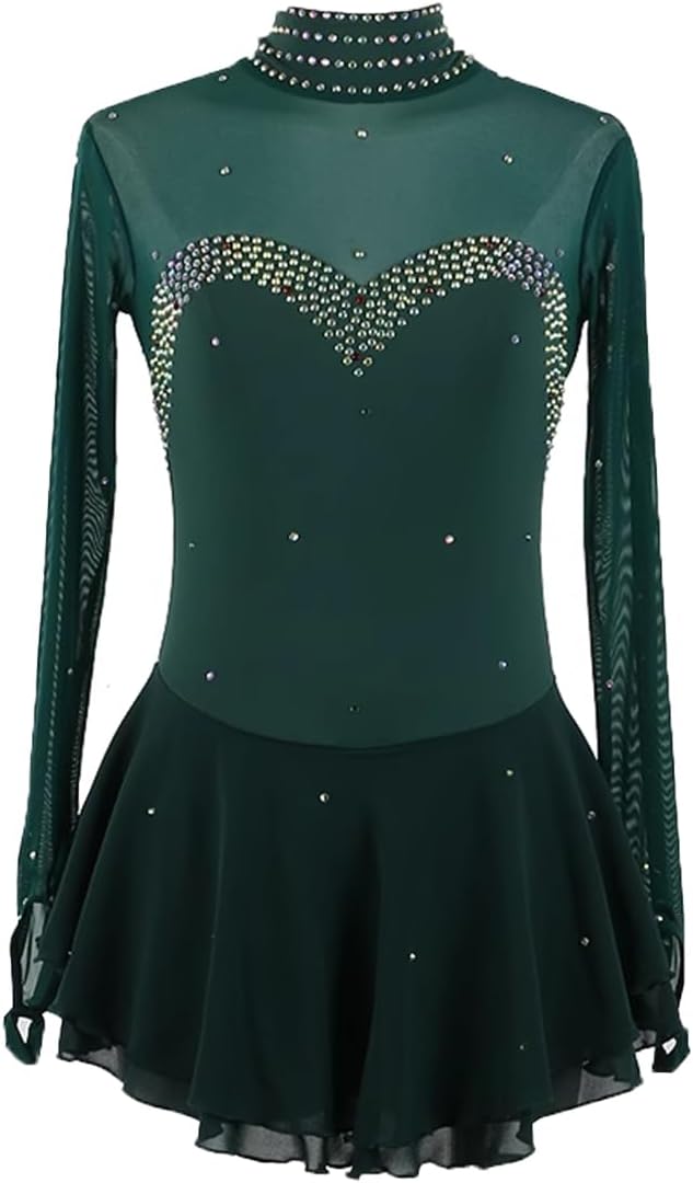Girl Ice Skating Dress Long Sleeves Sparkly Beaded Figure Skating Dress Kid Ballet Dance Dress Gymnastic Performance Costume